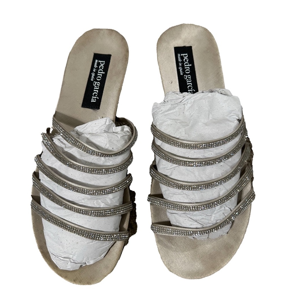 Pedro Garcia Silver Multi-Strap Embellished Slide Mules